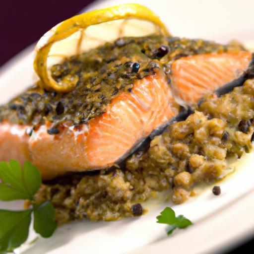 Savor Grilled Salmon with Herb Crust and Lentil Ragout Delight