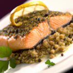 Savor Grilled Salmon with Herb Crust and Lentil Ragout Delight